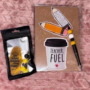 Teacher Fuel Notebook with Beaded Pen - Gold,Black, White, Yellow keychain hotel